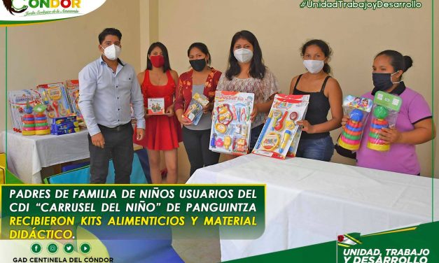 PADRES DE FAMILIA DE NIÑOS USUARIOS DEL CDI “CARRUSEL DEL NIÑO” DE PANGUINTZA RECIBIERON KITS ALIMENTICIOS Y MATERIAL DIDÁCTICO.